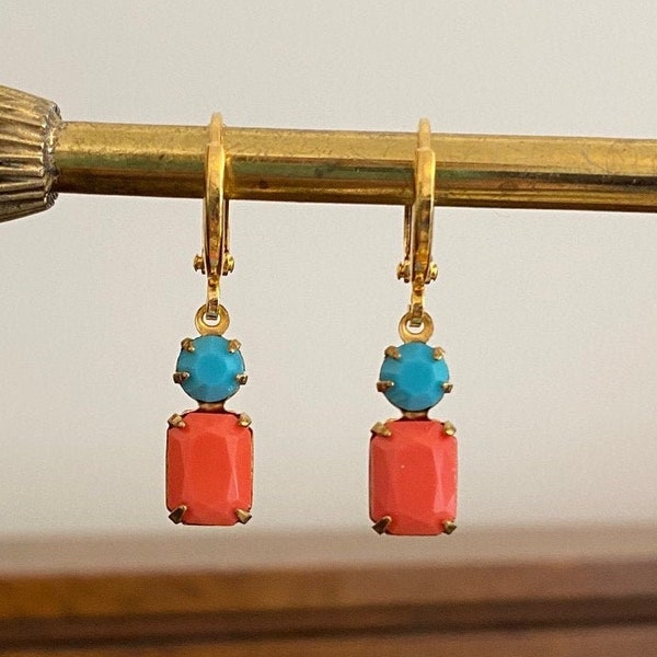 Vintage Turquoise & Coral Huggie Hoop Earrings