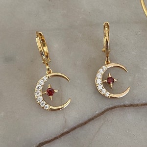 Crystal Moon & Red Star Huggie Hoop Earrings