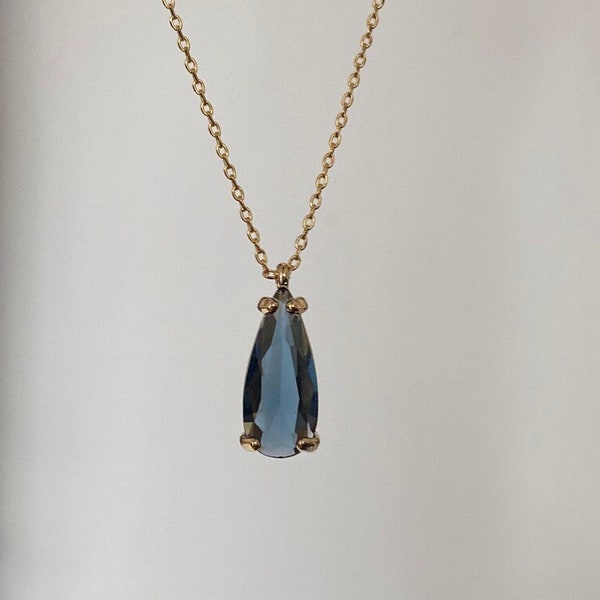 Gold Sapphire Blue Teardrop Necklace