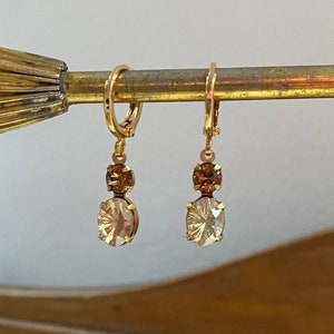 Light Colorado Topaz Glass & Brown Crystal Vintage Jewel Huggie Hoop Earrings