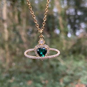Gold Emerald Green Heart Planet Necklace