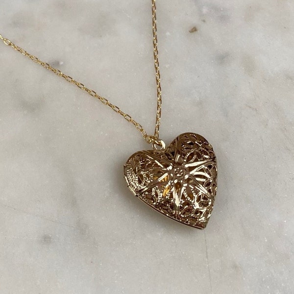 Gold Filigree Heart Locket Necklace