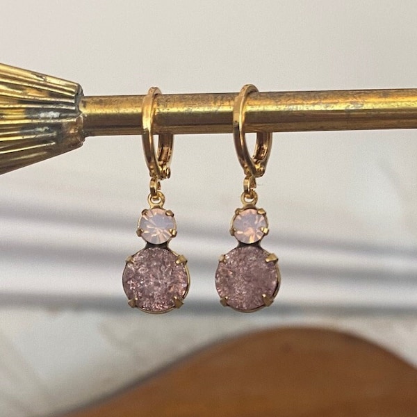 Light Amethyst Crackle & Rose Water Opal Vintage Jewel Huggie Hoop Earrings