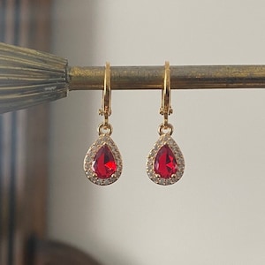 Ruby Red Teardrop Earrings Gold Plated Crystal Huggie Hoops Dainty Jewellery Gift for Her