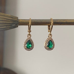 Emerald Green & Crystal Teardrop Jewel Huggie Hoop Earrings