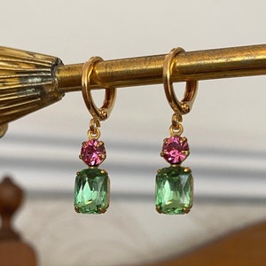 Vintage Peridot Green & Rose Pink Jewel Huggie Hoop Earrings