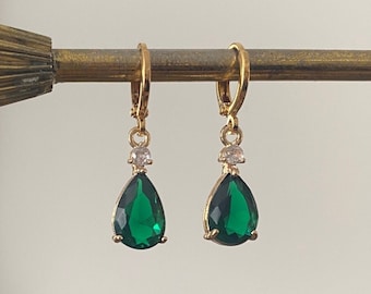 Emerald Green & Crystal Teardrop Jewel Huggie Hoop Earrings