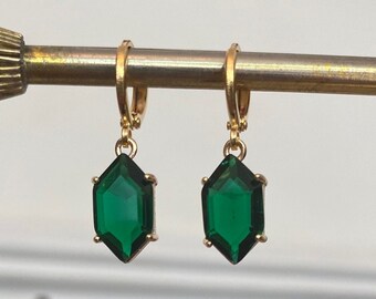 Emerald Green Hexagon Jewel Huggie Hoop Earrings