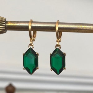 Emerald Green Hexagon Jewel Huggie Hoop Earrings