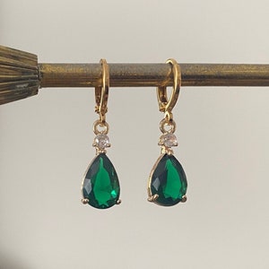 Emerald Green & Crystal Teardrop Jewel Huggie Hoop Earrings