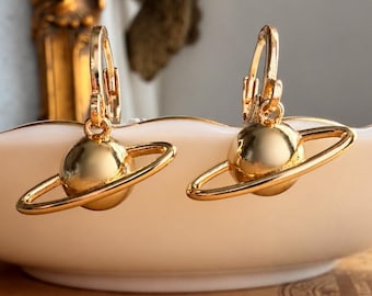 Gold Planet Hoop Earrings – Saturn Charm Huggies | Celestial Gold-Plated Jewellery | Gift for Her | Zara Taylor