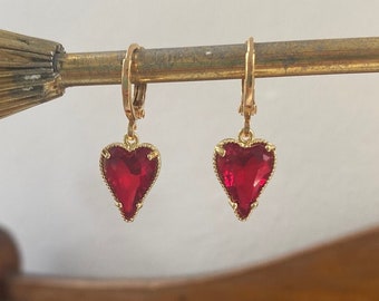 Gold Ruby Red Heart Earrings Crystal Huggie Hoops Romantic Drop Jewellery