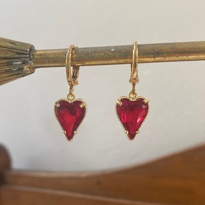 Ruby Red Heart Huggie Hoop Earrings