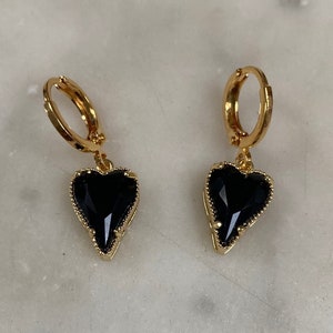 Jet Black Heart Huggie Hoop Earrings