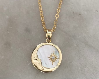Gold Mother Of Pearl Moon & Crystal Star Necklace