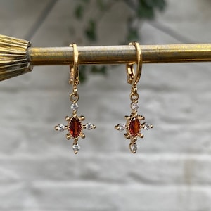 Ruby Red & Crystal Cross Huggie Hoop Earrings