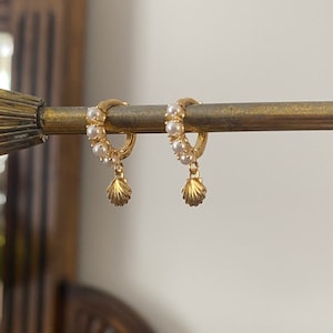 Shell & Pearl Huggie Hoop Earrings