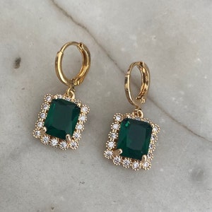 Emerald Green & Crystal Rectangle Jewel Huggie Hoop Earrings