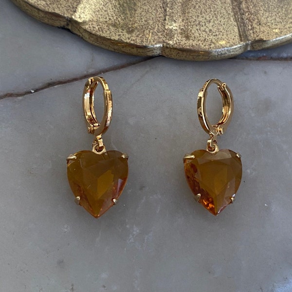 Topaz Glass Vintage Heart Jewel Huggie Hoop Earrings