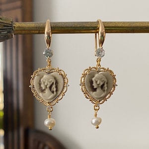 Brown Lady Cameo & Freshwater Pearl Earrings