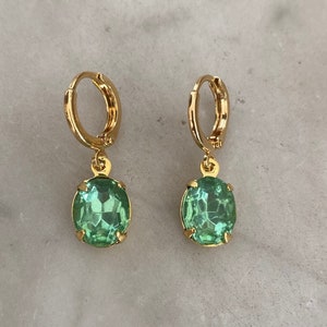 Vintage Peridot Green Oval Huggie Hoop Earrings