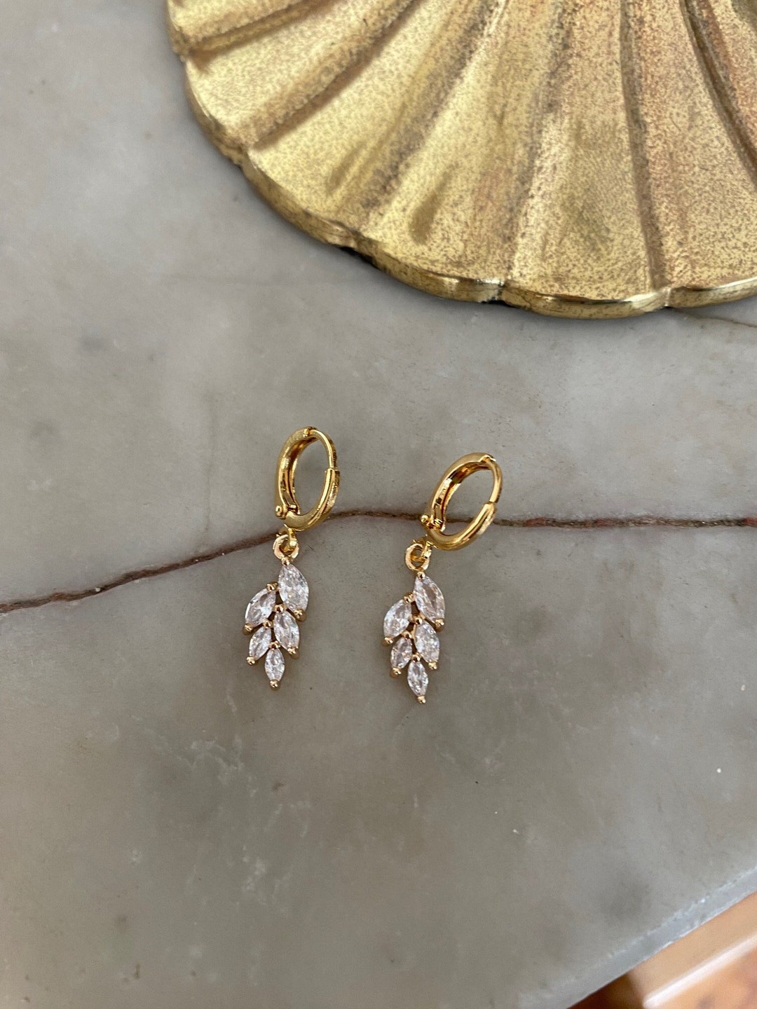 Crystal Leaf Jewel Huggie Hoop Earrings - Etsy