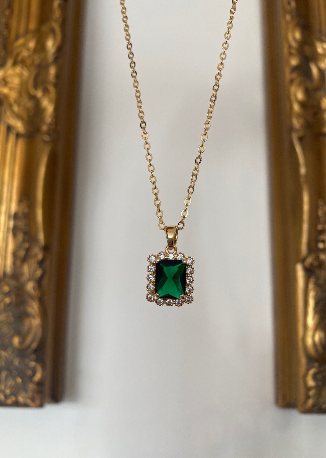 Gold Crystal & Emerald Green Rectangle Jewel Necklace - Etsy