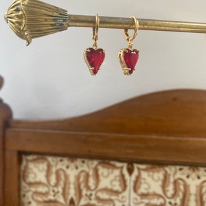 Gold Ruby Red Heart Earrings Crystal Huggie Hoops Romantic Drop Jewellery image 4
