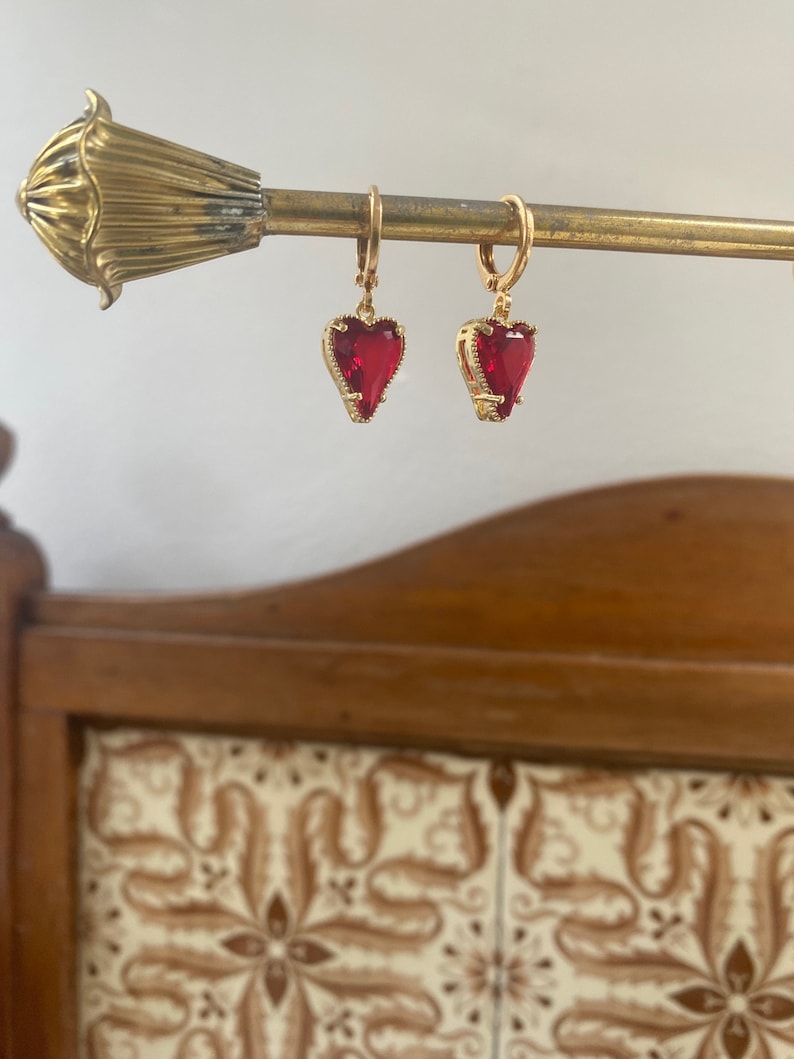 Gold Ruby Red Heart Earrings Crystal Huggie Hoops Romantic Drop Jewellery image 4