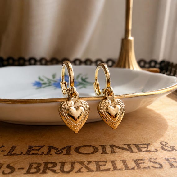 Gold Plated Heart Hoop Earrings – Vintage Style Charm Huggies