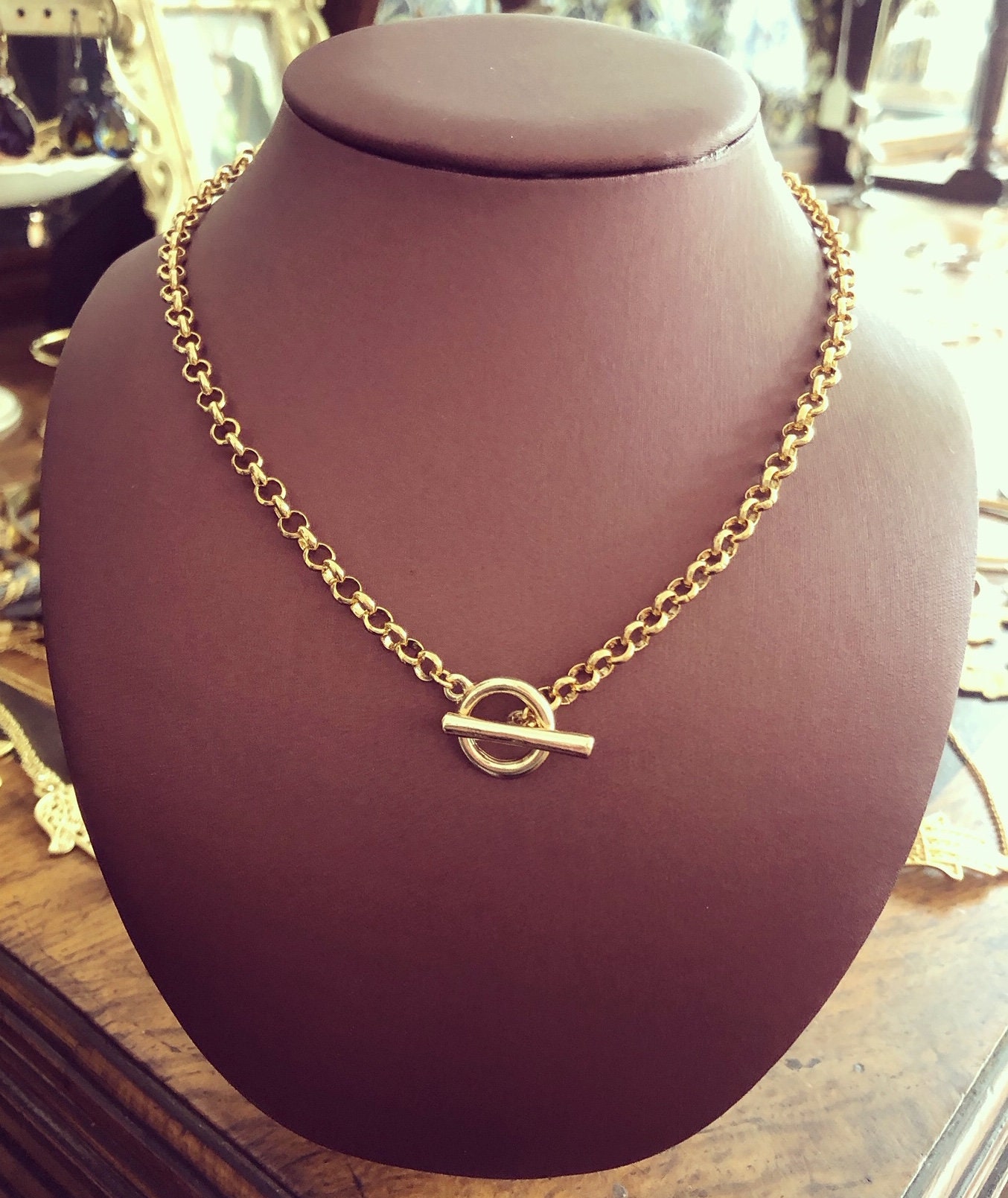 Paperclip chain necklace with Toggle clasp and personalized monogrammed  initials in Yellow Gold, Sterling Silver or Rose Gold. and large link chain.