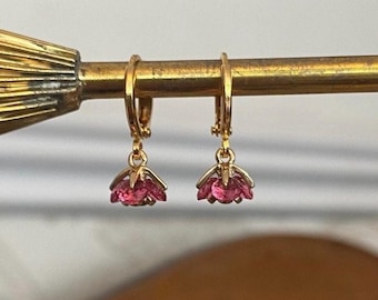 Fuchsia Pink Flower Huggie Hoop Earrings