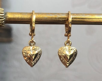 Gold Plated Heart Hoop Earrings – Vintage Style Charm Huggies