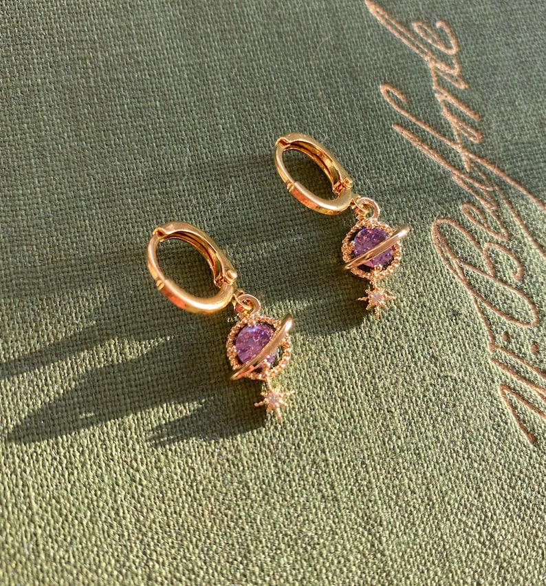 Lilac Jewel Planet & Star Huggie Hoop Earrings image 1