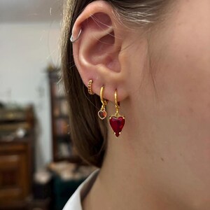 Gold Ruby Red Heart Earrings Crystal Huggie Hoops Romantic Drop Jewellery image 2