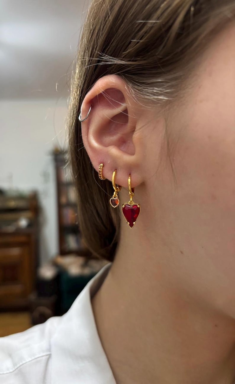 Gold Ruby Red Heart Earrings Crystal Huggie Hoops Romantic Drop Jewellery image 2