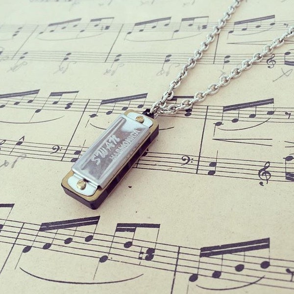 The cutest miniature harmonica long chain pendant necklace