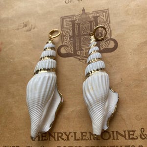Op de afbeelding: Een paar witte schelpoorbellen met gouden accenten. De oorbellen hangen tegen een achtergrond van vintage bladmuziek. De tekst op de bladmuziek luidt "ETUDES POUR PIANO" en "HENRY LEMOINE &."