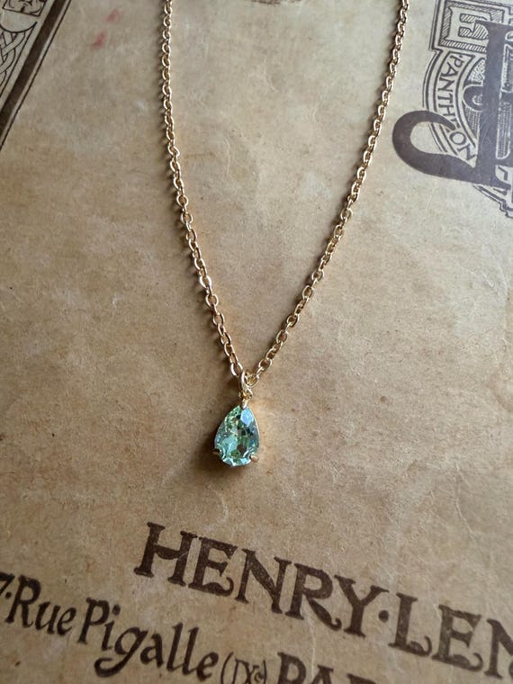 Light Peridot Green Teardrop Necklace • Gold-Plated 18" Chain • Dainty Faceted Gem Pendant • Gift for Her