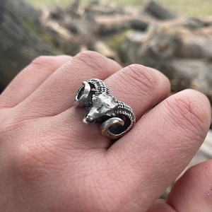 Może przedstawiać: Srebrny pierścionek z detalicznym wzorem głowy barana. Rogi barana są zakrzywione, a głowa jest fakturowana.