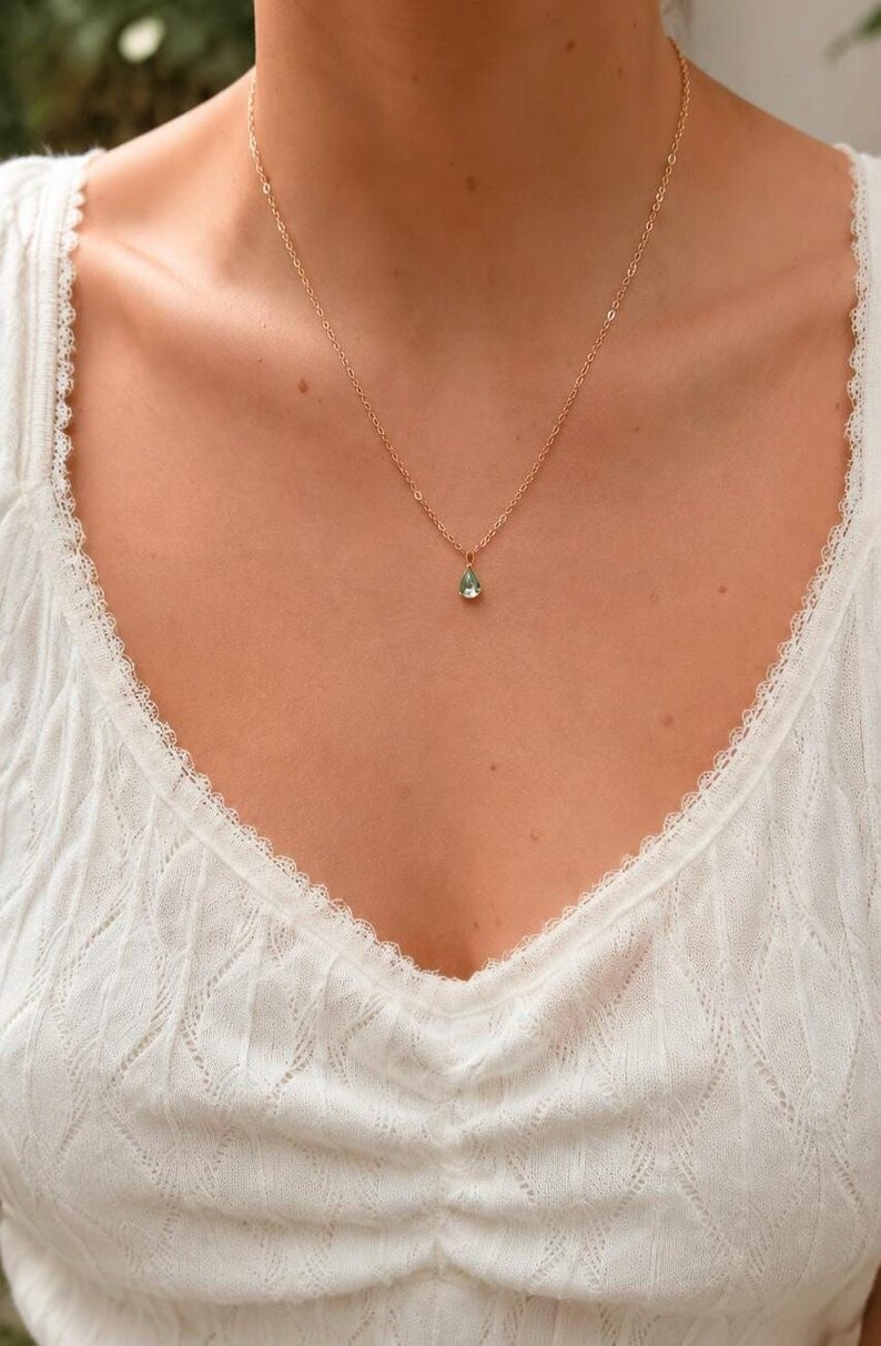 Light Peridot Green Teardrop Necklace • Gold-Plated 18" Chain • Dainty Faceted Gem Pendant • Gift for Her image 3