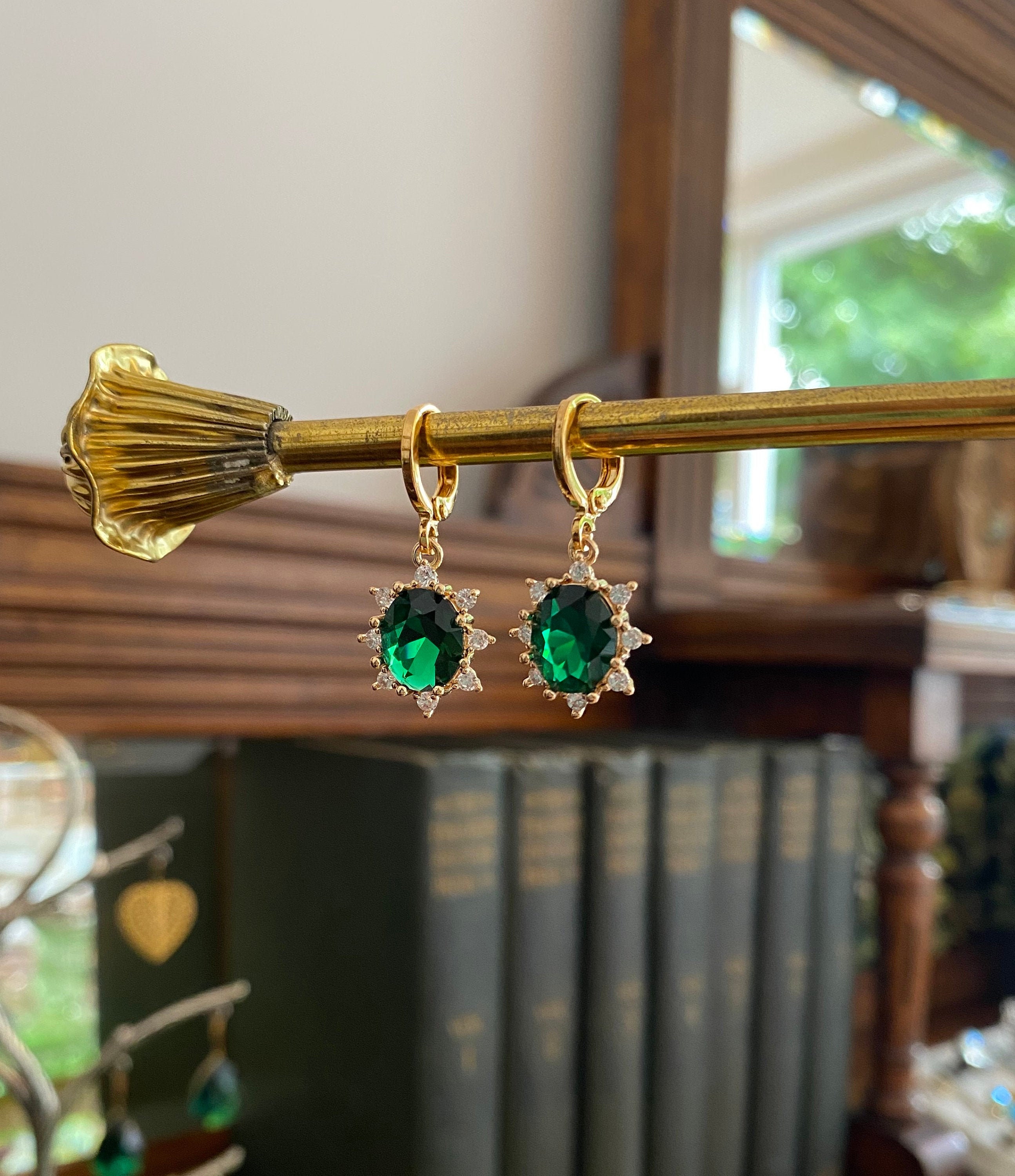 Emerald Green & Crystal Jewel Huggie Hoop Earrings