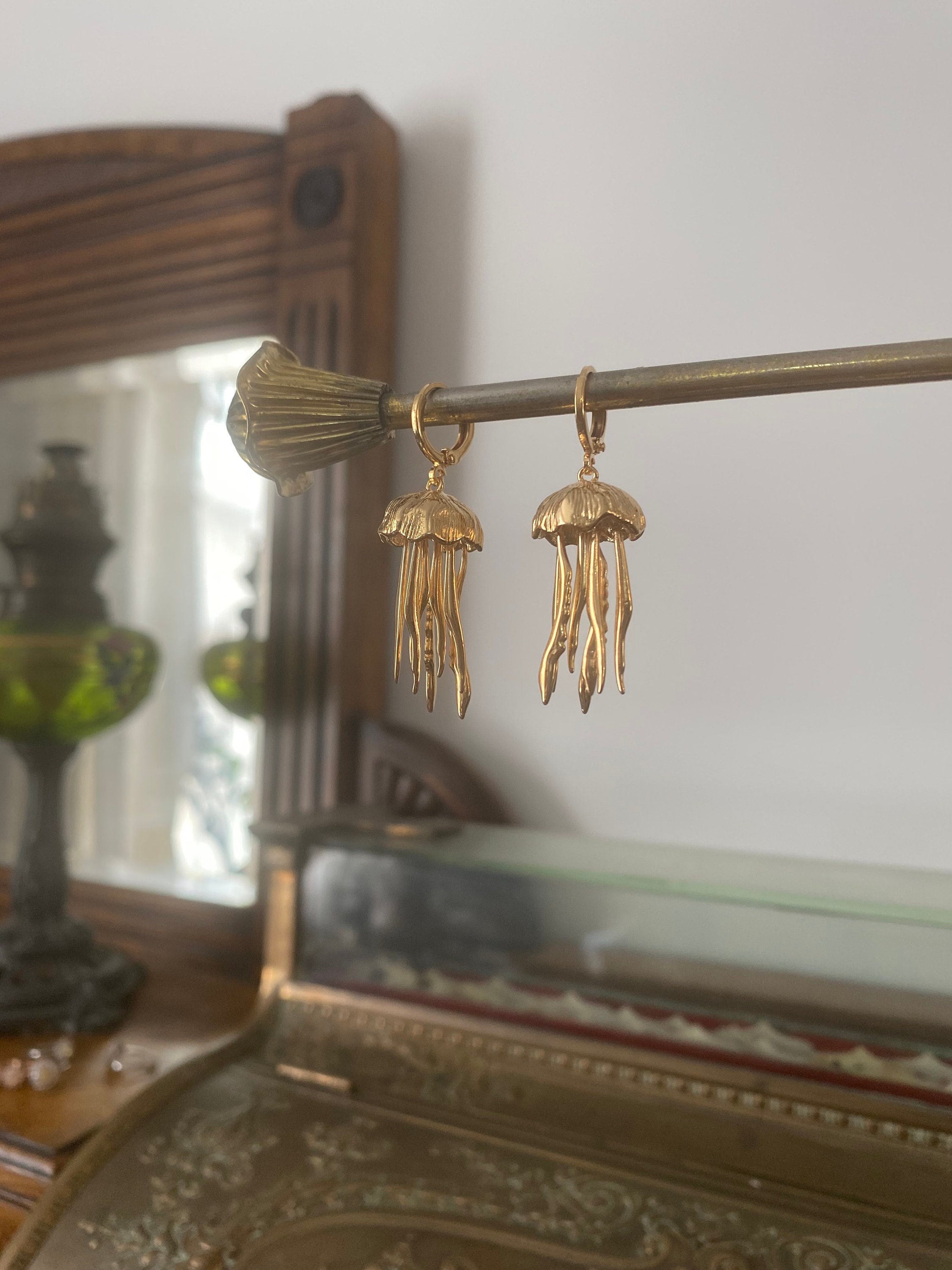 Gold or Silver Jellyfish Earrings | Large Ocean Dangle | Hoop or Hook Option | Statement Marine Gift