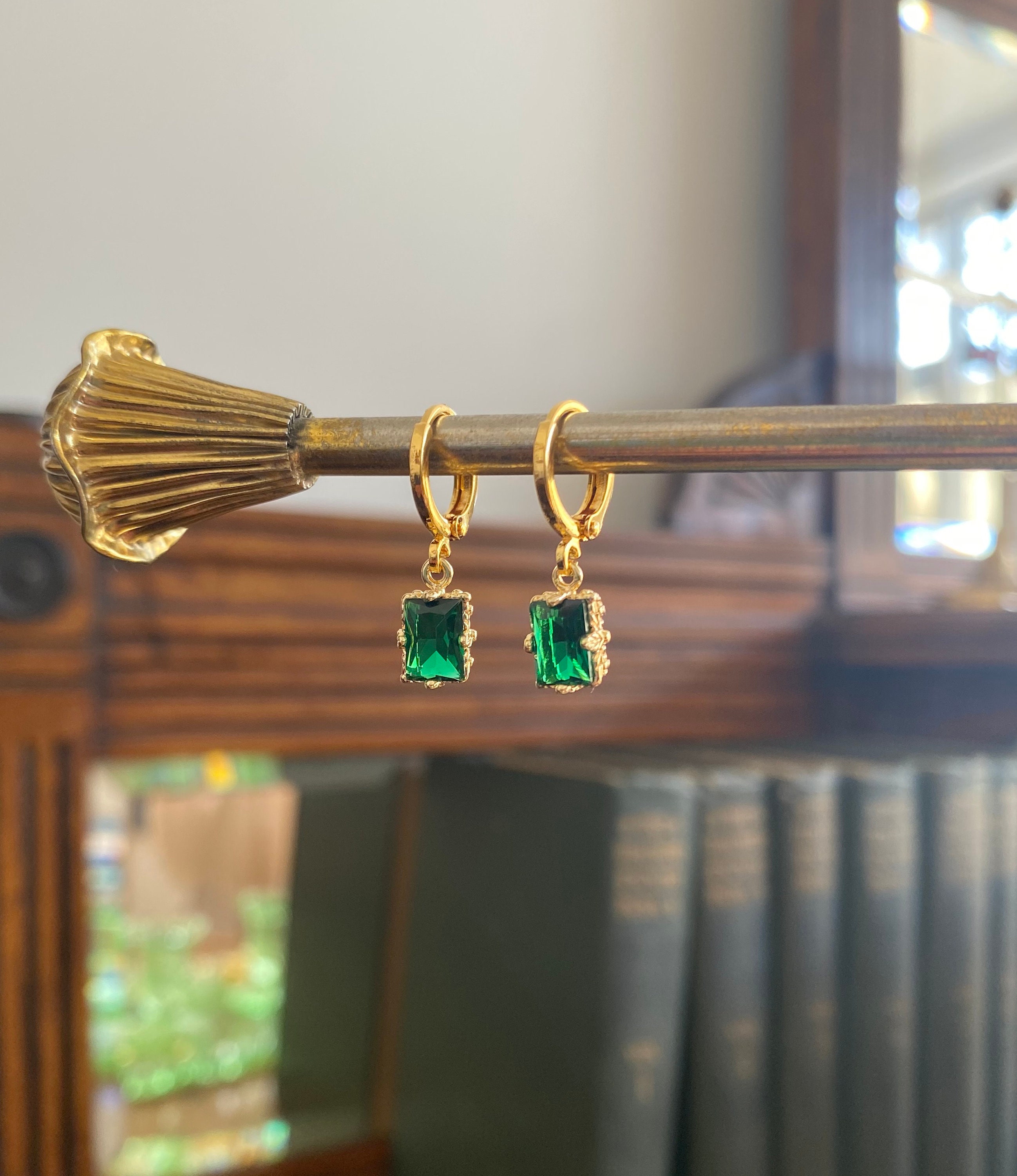 Emerald Green Rectangle Jewel Huggie Hoop Earrings | Etsy