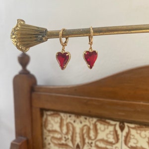 Gold Ruby Red Heart Earrings Crystal Huggie Hoops Romantic Drop Jewellery image 5