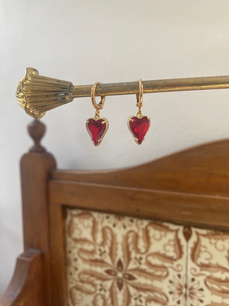 Gold Ruby Red Heart Earrings Crystal Huggie Hoops Romantic Drop Jewellery image 5
