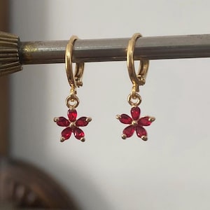 Red Flower Charm Hoop Earrings – Gold-Plated Dainty Crystal Hoops | Feminine Jewellery Gift | Cute Everyday Earrings