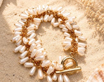 Perlenarmband mit Anhänger, Goldperlenarmband, Statement-Armband, Brautschmuck, Hochzeitsarmband, Geschenk im Vintage-Stil