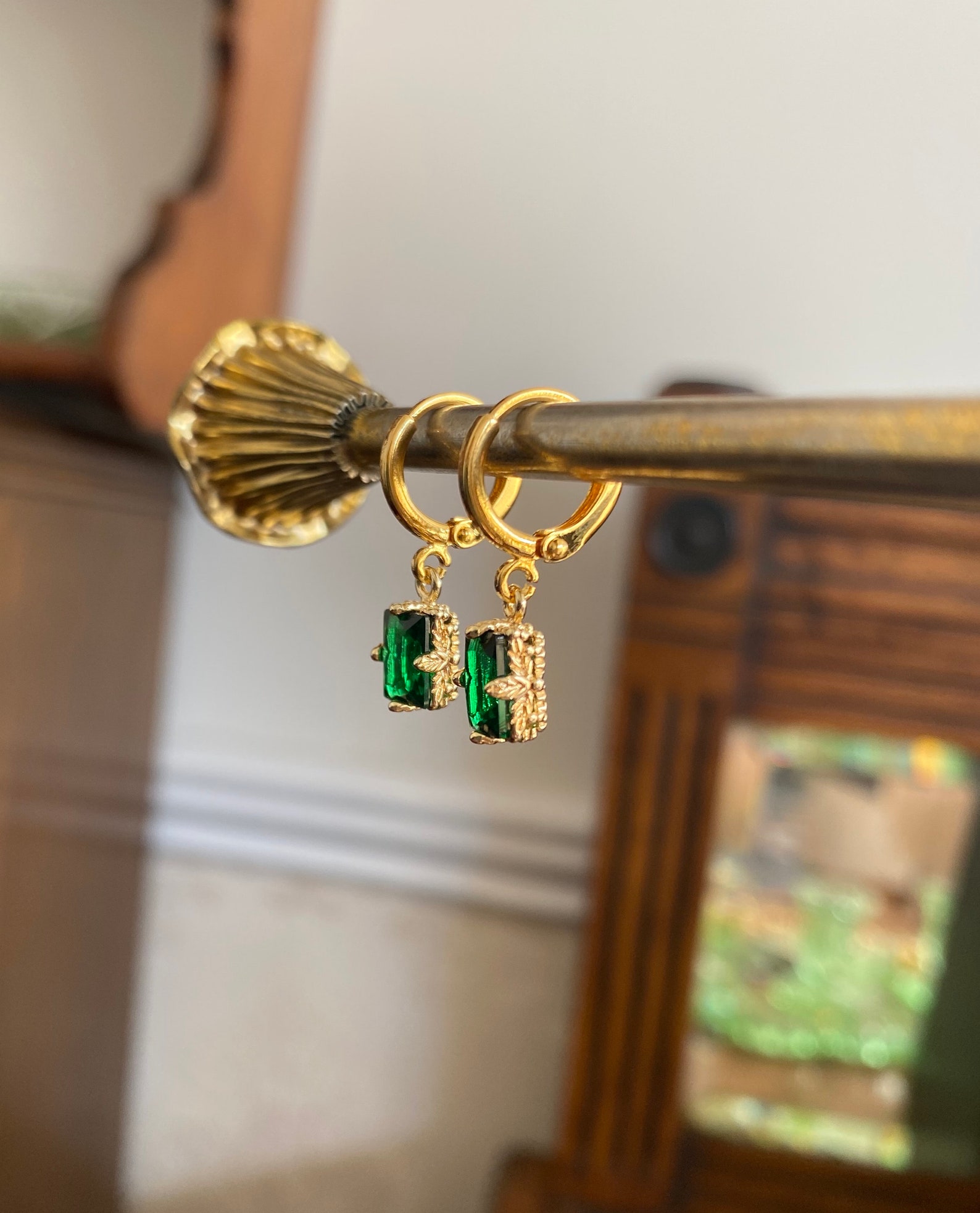 Emerald Green Rectangle Jewel Huggie Hoop Earrings - Etsy