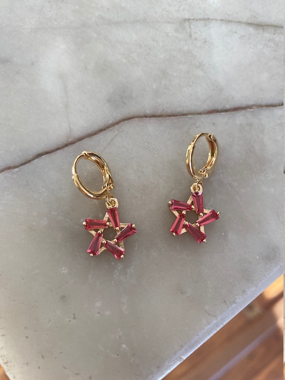 Fuchsia Pink Star Huggie Hoop Earrings